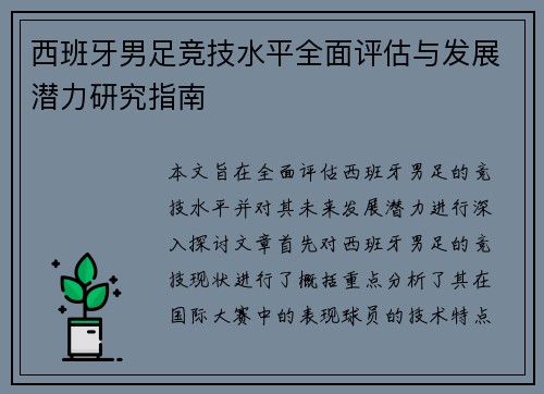 西班牙男足竞技水平全面评估与发展潜力研究指南
